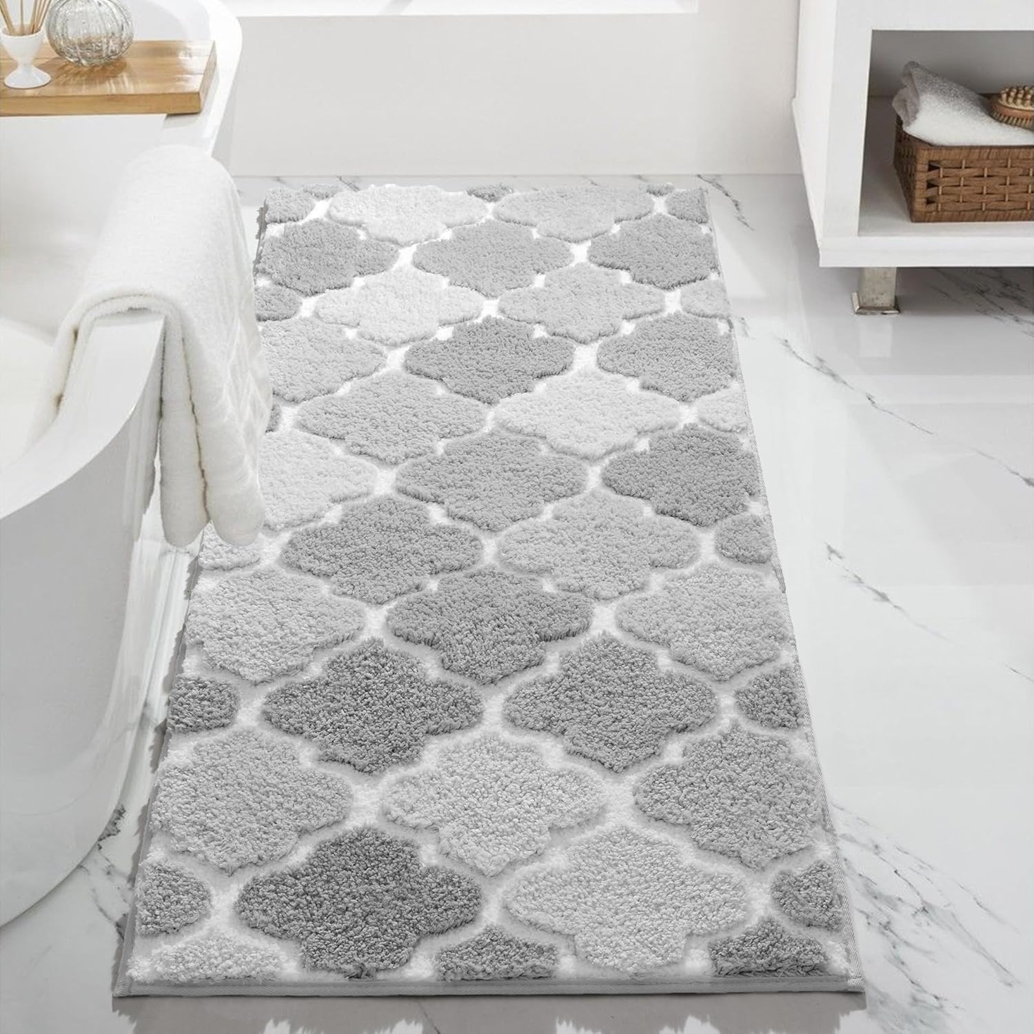 DEXDE Shaggy Bath Rug Runner 24x60 Inches - Checkered Non-Slip Absorbent Machine Washable Long Bathroom Rugs Quick Dry Carpet for Tub Shower, Home Decor Accessories, Gray - Image 3