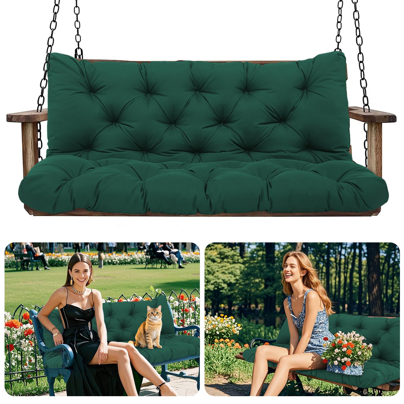 Amdieu Cojín para columpio de jardín de 3 plazas, impermeable, con respaldo y 8 lazos, 12 cm de grosor, cojín de repuesto para muebles de exterior, jardín, columpio, porche, patio (verde oscuro, 150 x