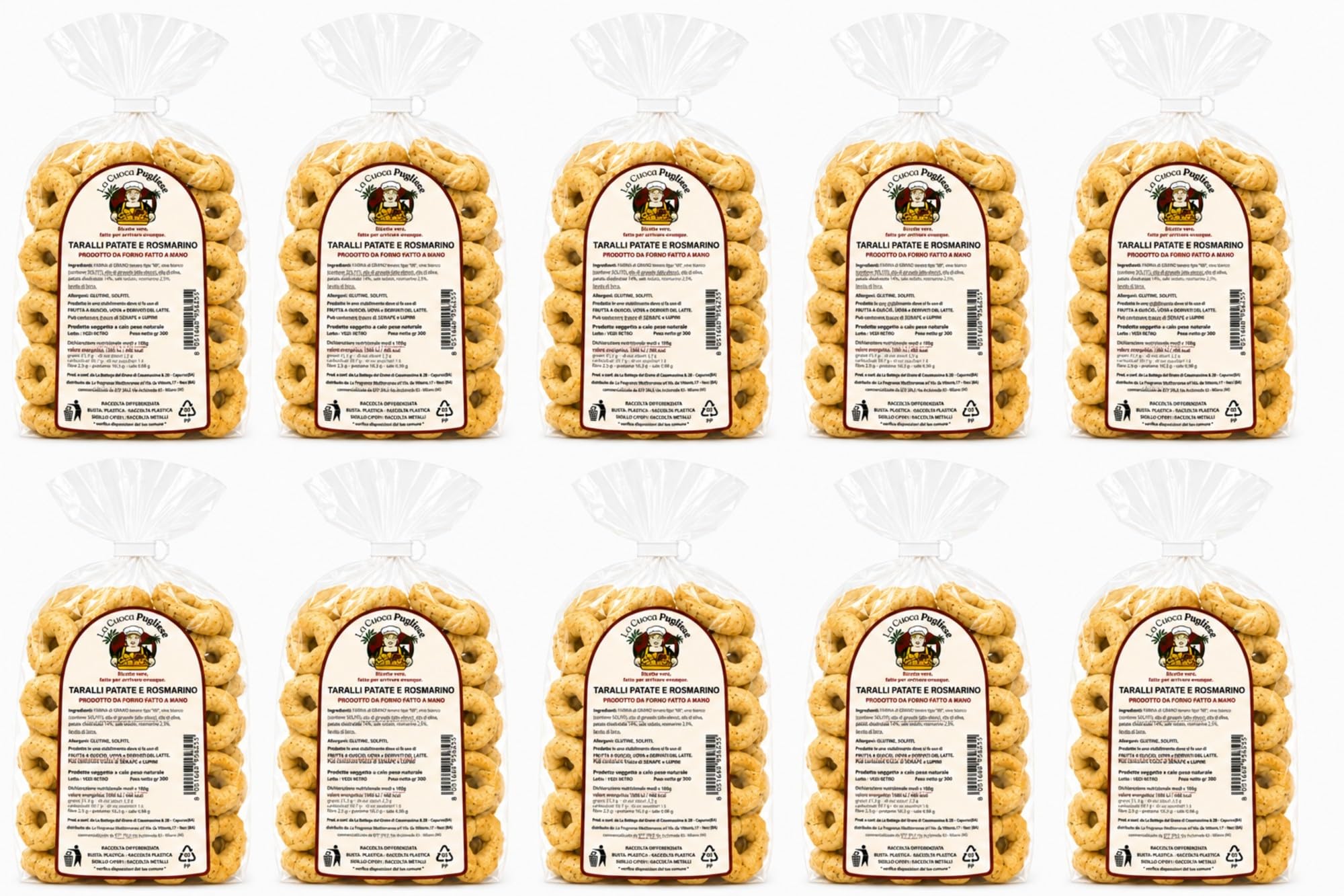 La Cuoca Pugliese - Taralli Patate e Rosmarino Artigianali Pugliesi, Taralli Salati Croccanti, Snack da Forno Tradizionale, Ideali per Aperitivi, Confezione da 10 x 300 g