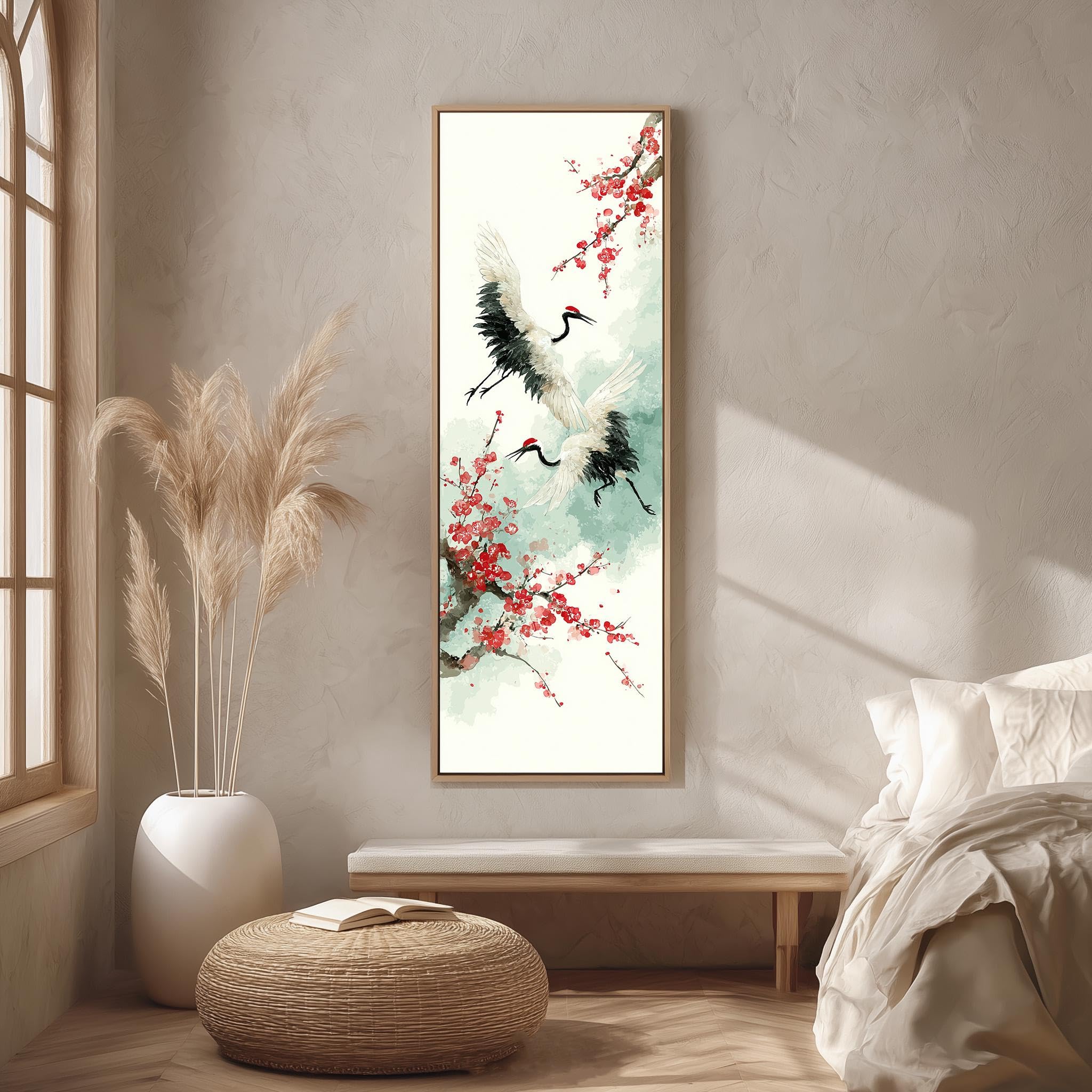 Xbtykpb Frameless Tall Vertical Crane Canvas, Long Narrow Bird Art, Skinny Red Print, Japanese Ink Wash Painting, Traditional Nature Decor(30X90cm/Frameless)