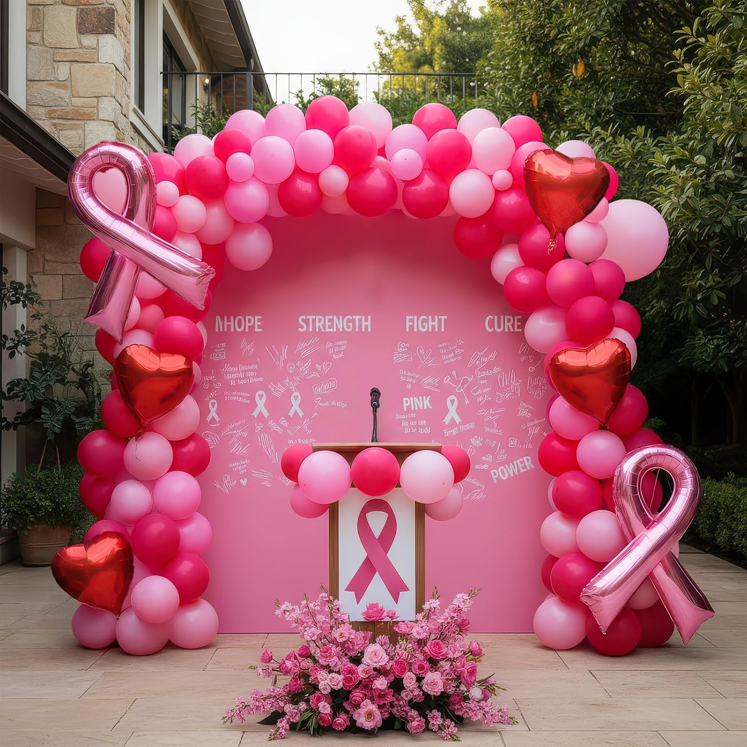 Hot pink and pink balloons 128pcs Breast Cancer Awareness Decorations Balloons Arch Kit Includes Latex Balloons with Pink Ribbons heart shaped balloon for Pink Ribbon Party Decoration Supplies