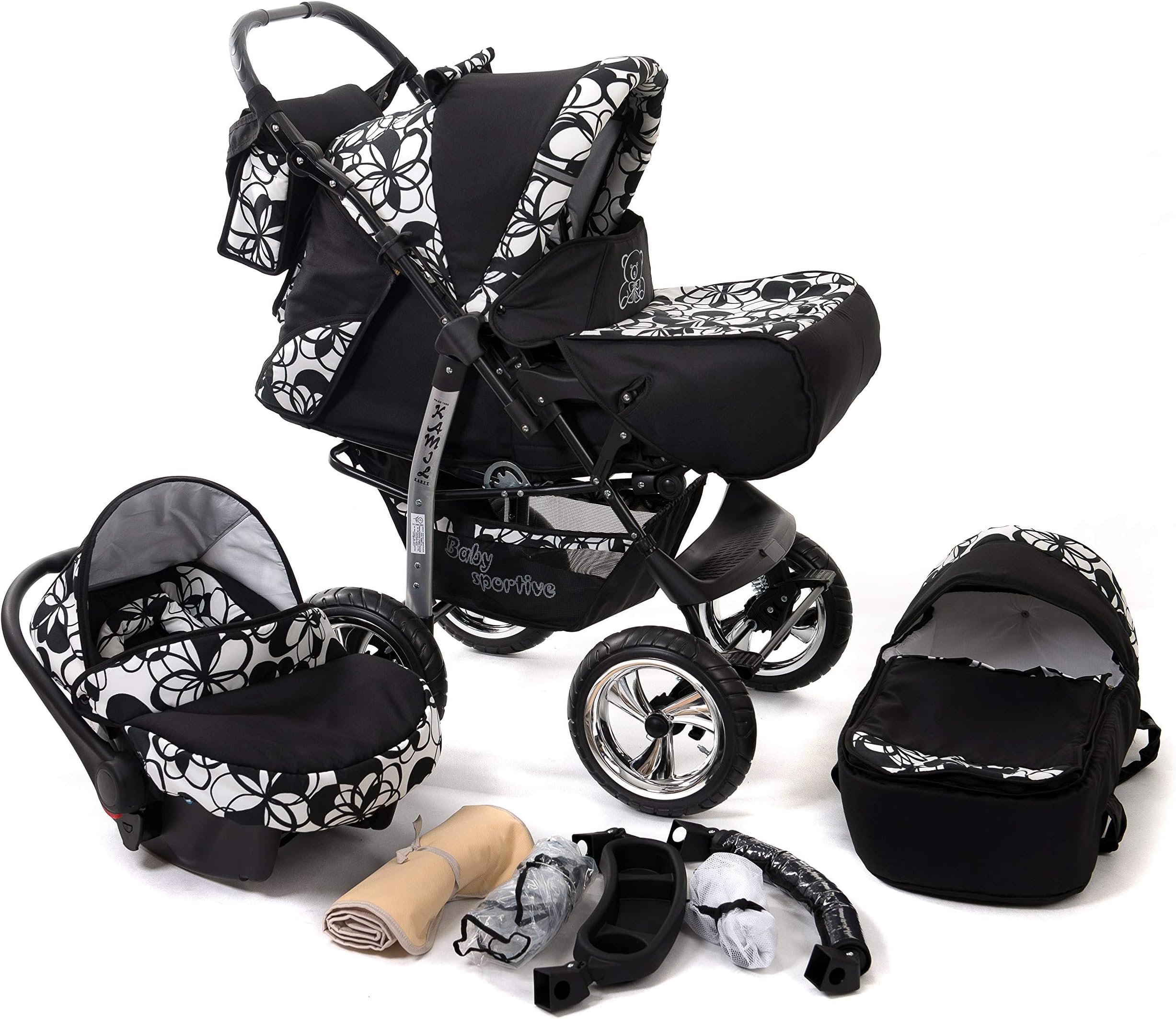 Kamil, Classic 3-in-1 Travel System with 4 Static (Fixed) Wheels incl. Baby Pram, Car Seat, Pushchair & Accessories (3-in-1 Travel System, Black & Flowers)