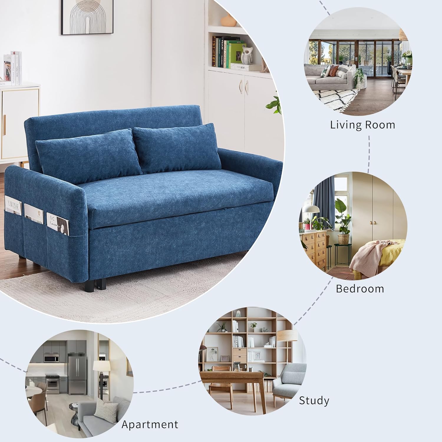 Harper & Bright Designs 55.1" Pull Out Sleeper Sofa Bed, Loveseats Sofa Couch with Adjustable Backrest, Storage Pockets and 2 Soft Pillows for Living Room/Bedroom/Apartment/Office, Blue