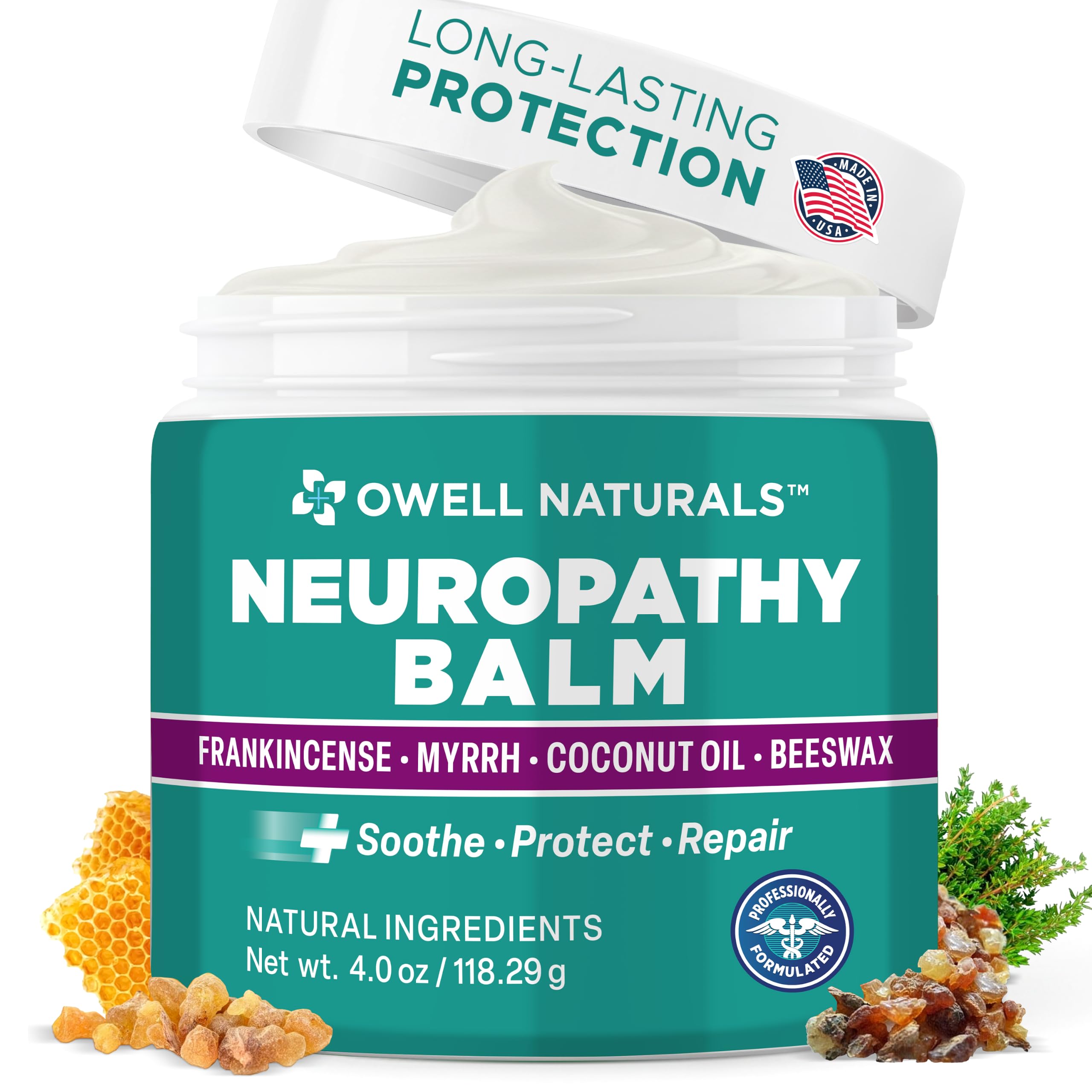 Owell Naturals Neuropathy Healing Balm, Fast Acting, with Frankincense, Myrrh, Coconut Oil &amp; Beeswax, Natural Ingredients – Soothe, Protect &amp; Repair, 4 oz (Pack of 1)