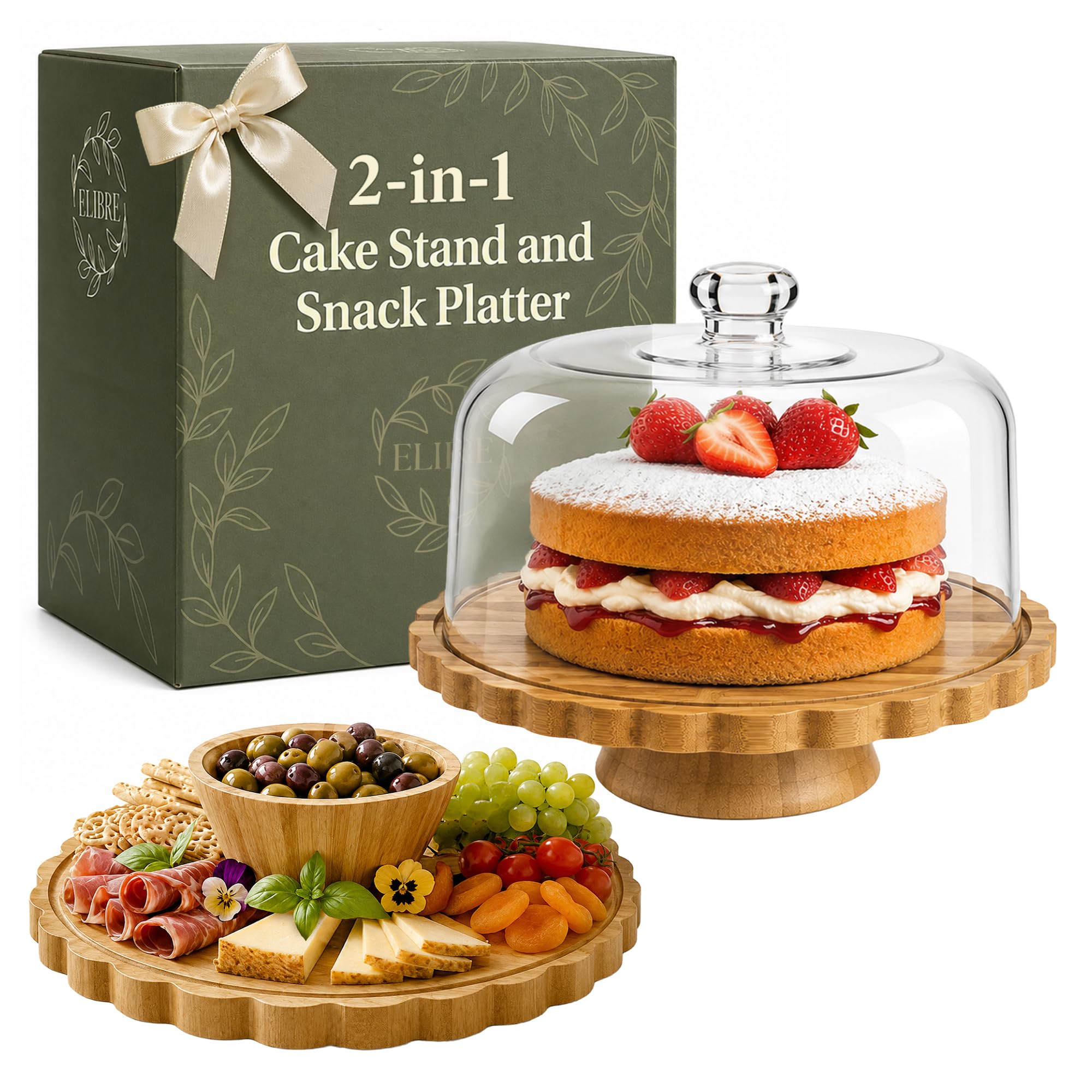 ELIBRE Cake Stand with Lid & Dome – 30cm Wooden Bamboo Cake Stand, Reversible Cake Plate & Serving Platter with Clear Acrylic Cover, Scalloped Edge