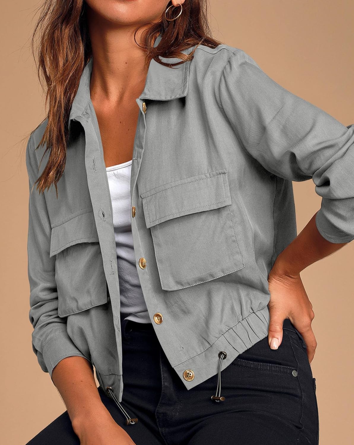 Onedreamer Women's Military Safari Cropped Jackets Button Down Lightweight Oversized Utility Anorak Coat with Pockets - Image 3