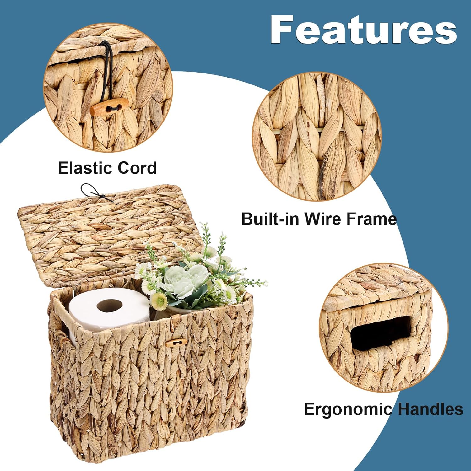 Sumnacon Toilet Paper Basket, Wicker Water Hyacinth Toilet Paper Holder with Handles and Lid, Holds Up to 4 Mega Rolls, Decorative Farmhouse Woven Bathroom Accessories Toilet Tissues Organizer, Small