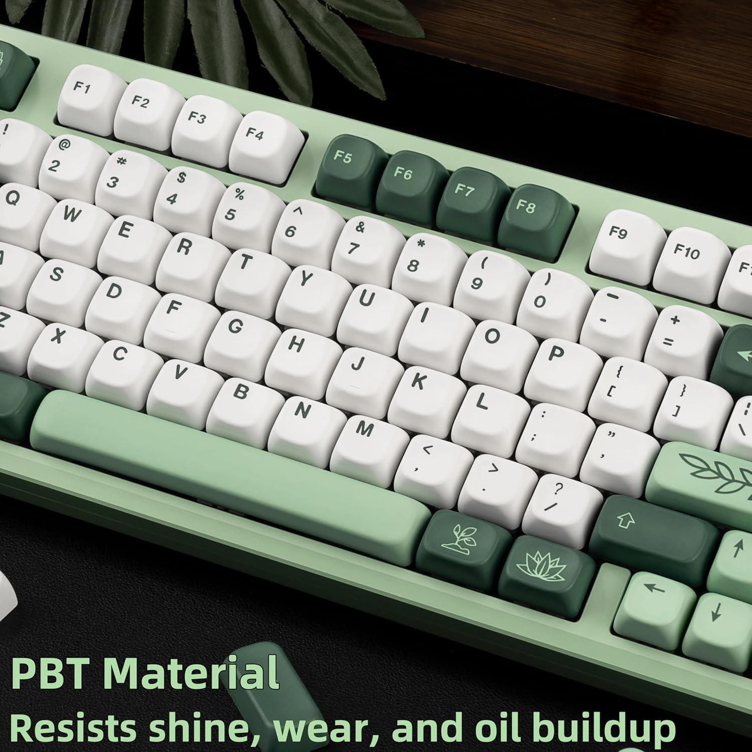 Cute Green and White Botanical Keycaps Set, 5 Side Dye Sublimation FOA Profile PBT Key Caps for ANSI Layout Mechanical Gaming Keyboard, 130 Keys
