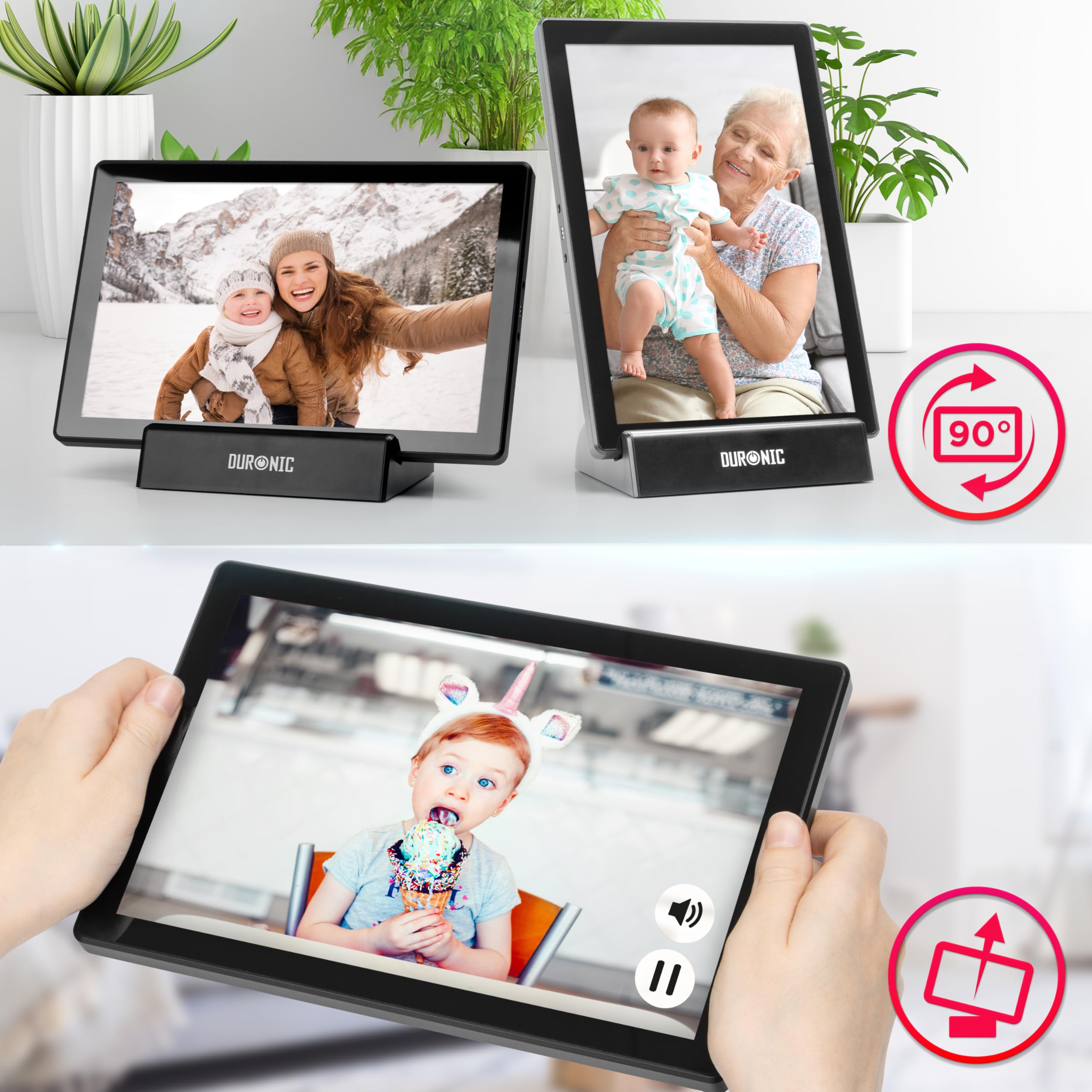 Duronic PF1D BK Cornice Digitale da 10,1 pollici Wi-Fi, Touch Screen IPS 1280x800, Memoria 32GB, USB-C, Stand Ricarica, Frameo App – Cornice Foto Elettronica Nero per Condivisione Immagini