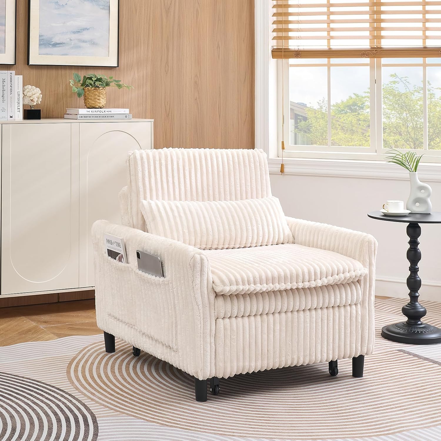 Deolme 3 in 1 Chair Bed Sleeper, Modern Plush Corduroy Comfy Futon Couch Single Sofa Chair with Pullout Bed Adjustable Backrest Recliner Living Room Bedroom Lounge