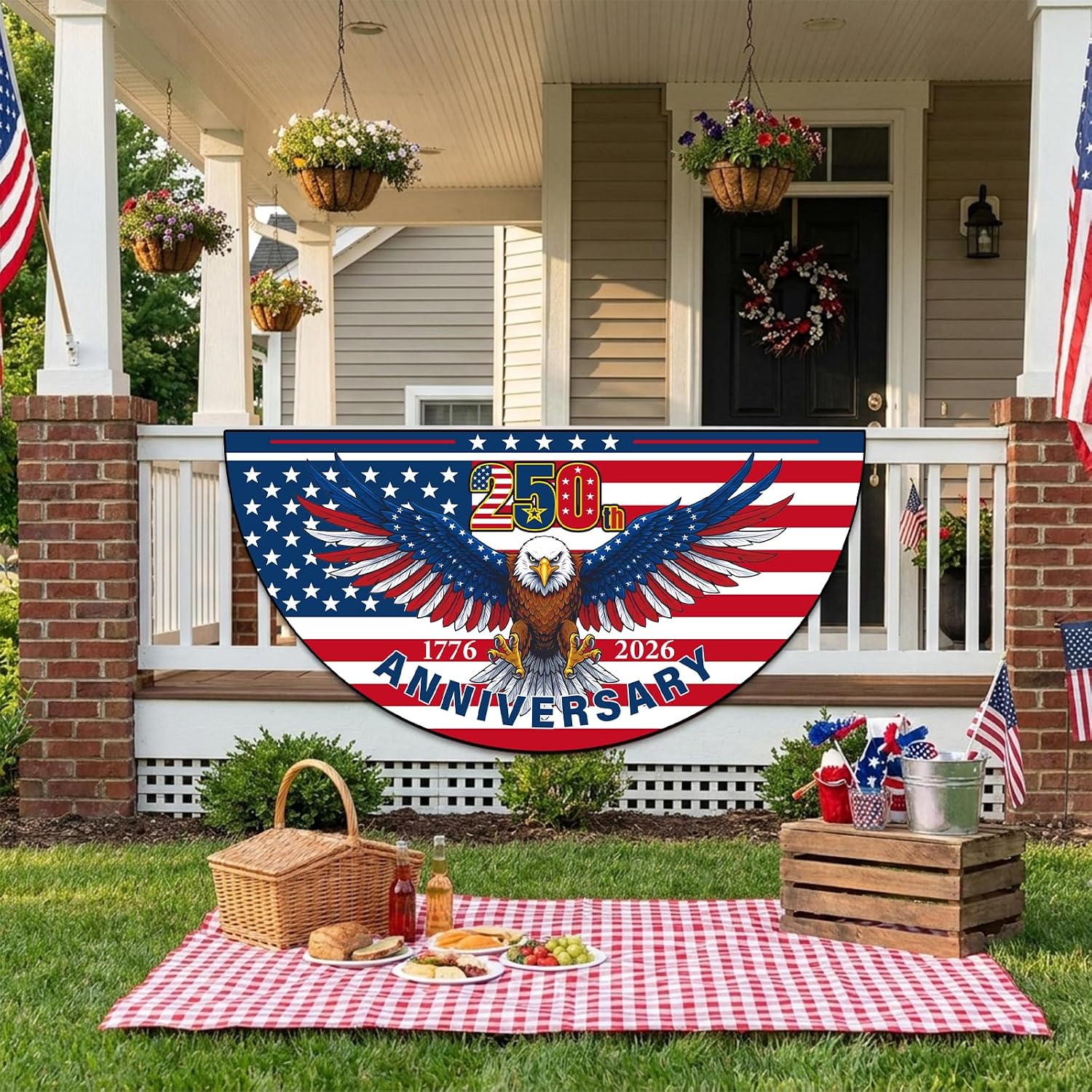 250th Anniversary Birthday Bunting Flag, 2 Pcs 1776-2026 American Patriotic Fan Banner, USA Birthday Outdoor Decor for 4th of July Party Supplies 23.6 x 47.2 Inch