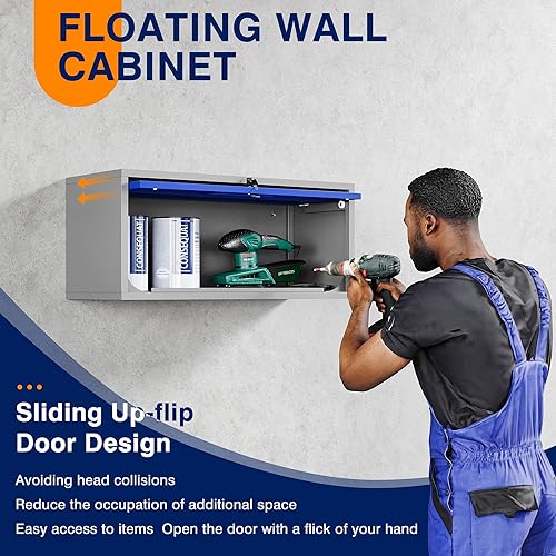 Vista 55 de Yizosh Armario de garaje de metal con puertas, armario de almacenamiento montado en la pared, gabinete de herramientas flotante para sótano, cocina