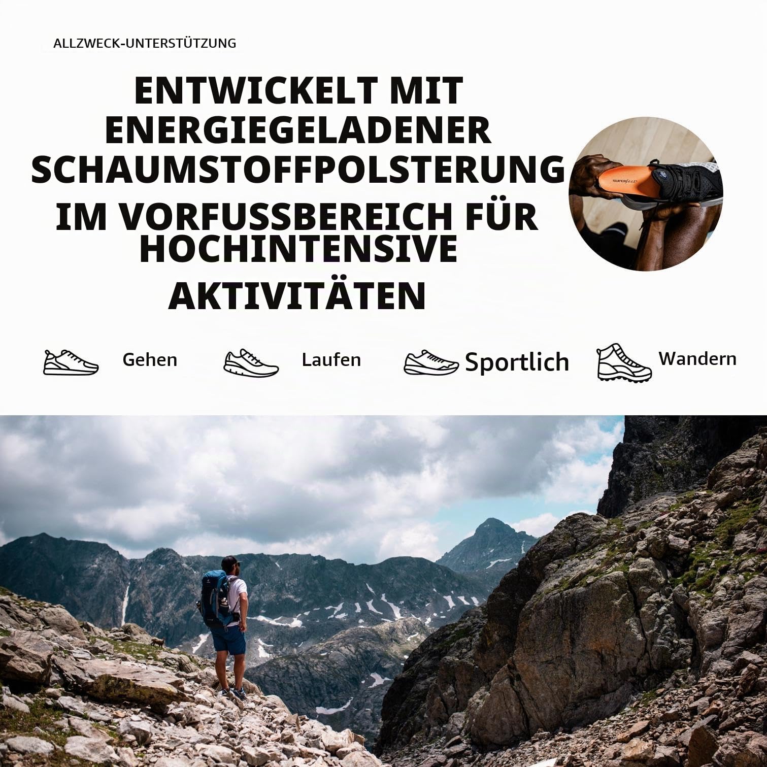 Superfeet All-Purpose High Impact Support Einlegesohlen - Orthopädische Einlagen, EU 37 – 38.5 | Trim-To-Fit Einlagen, mittleres bis hohes Fußgewölbe, extra Polsterung im Vorfuß für hohe Belastung, Stabilisatorkappe