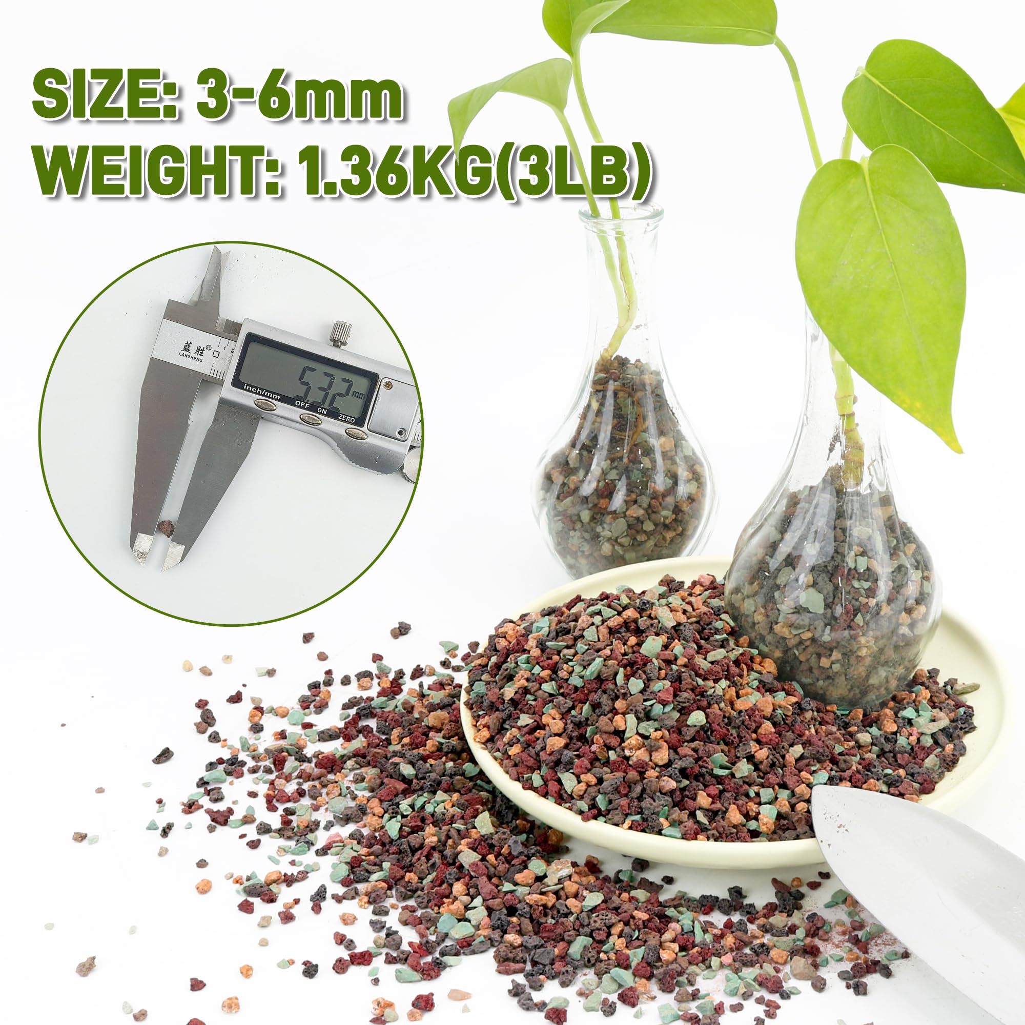 Mezcla de Piedras para Macetas 1.4 kg (3 lb) - Piedras Decorativas 4 en 1 (Lava Roja, Lava Negra, Zeolita Verde, Maifan) 3-6 mm - Para Sustrato de Plantas, Decoración de Jarrón y Jardín