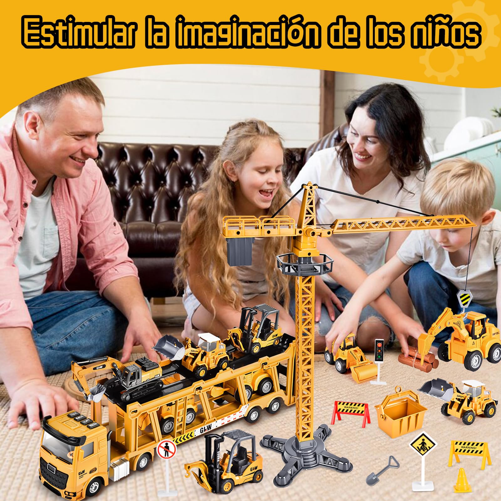 Herefun Vehículos Construcción Grandes, Camión y Grúa Con Sonido, Juguete Transportador Para Niños 3,4+