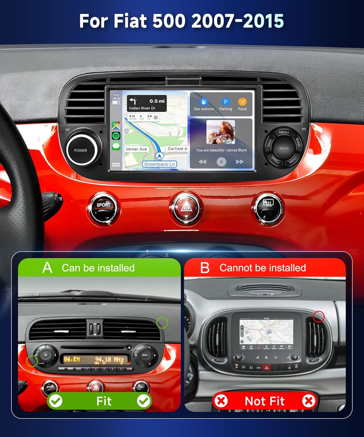 5Ghz WiFi Radio for Fiat 500 2007-2015 Car Stereo with Wireless Carplay Android Auto,7inch 1080P IPS Touch Screen,28UIs,FM/RDS Radio,Build-in GPS,5.0Bluetooth,Split Screen,SWC,Backup Camera 2G+64G