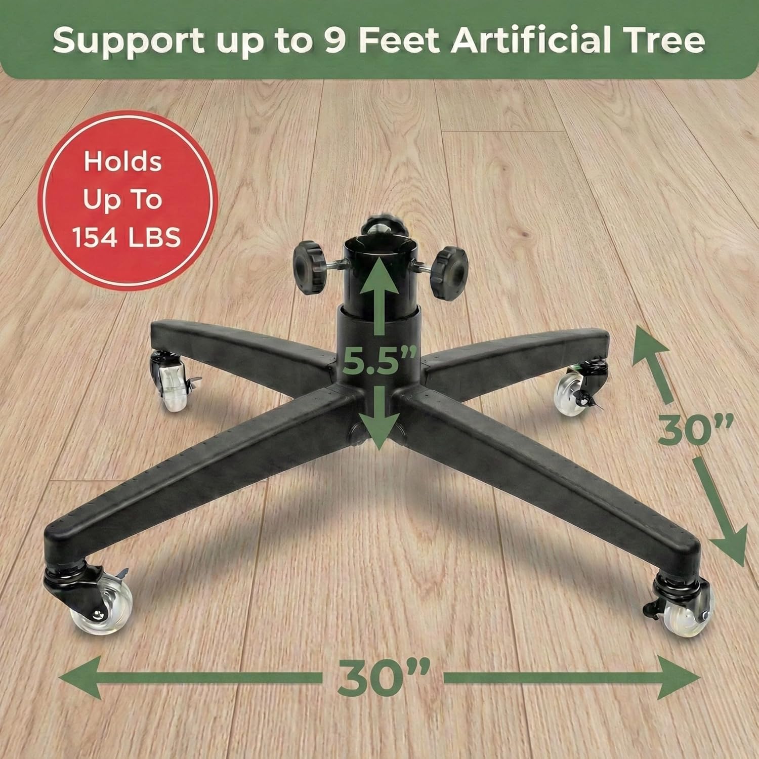 rolling christmas tree stand for up to 9 foot artificial trees - heavy-duty xmas tree stand base with casters and adjustable base - compatible with most upright tree bags – up to 154 lbs. up to 9ft
