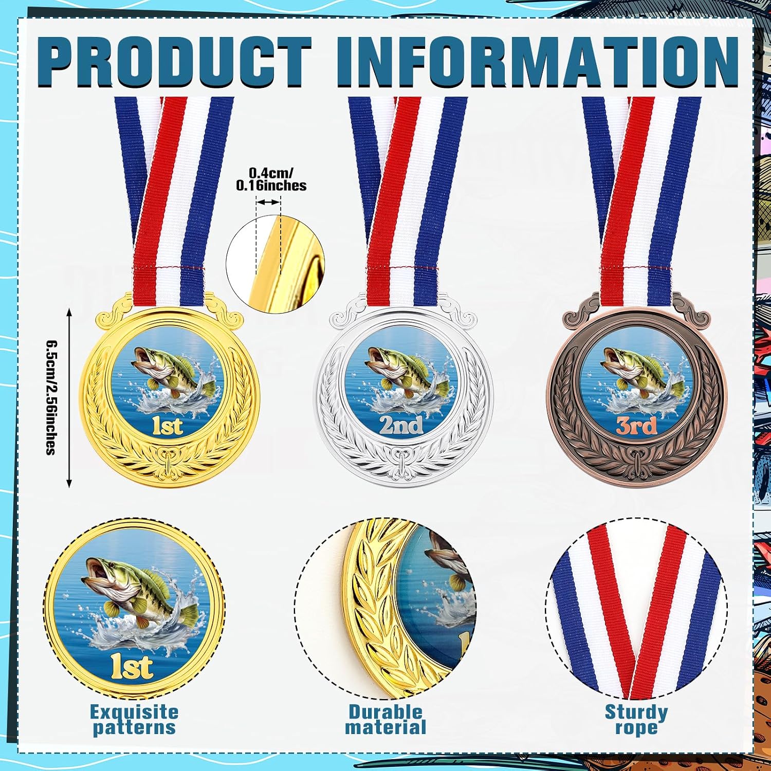 Liliaafar 6 Pcs Fishing Derby Award Set Include 5" Fishing Reward Trophy Medals with Neck Ribbons Funny Gold and 1st 2nd 3rd Prize Stickers for Teens Adults Fisherman Competition