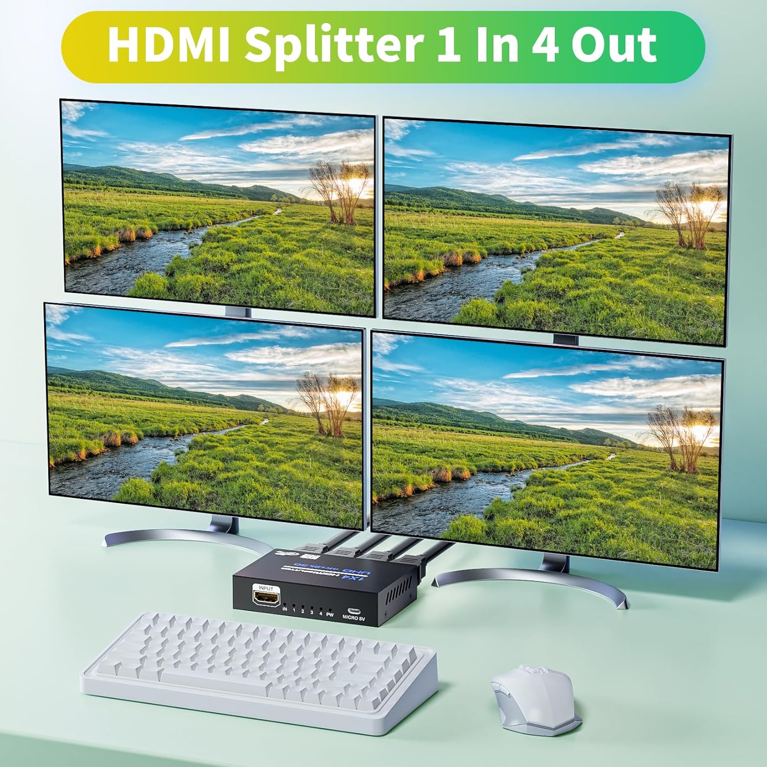 BolAAzuL 4K 1X4 HDMI Splitter 1 in 4 Out with 2ft HDMI Cable Mirror/Duplicate Only, Powered, for 3D 1080P Copy 1 Source to 4 Displays at The Same Time 1 X 4 HDMI Splitter with 1 HDMI Cable