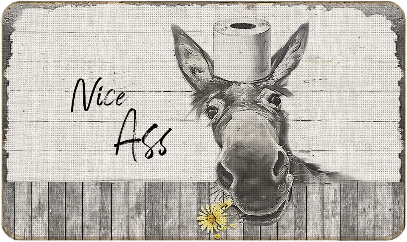 Funny Donkey Bath Mat for Bathroom Decor, Farmhouse Farm Animal Donkey Door Mat for Bathroom Front Door Indoor Outdoor Entrance, 17x30 Inches