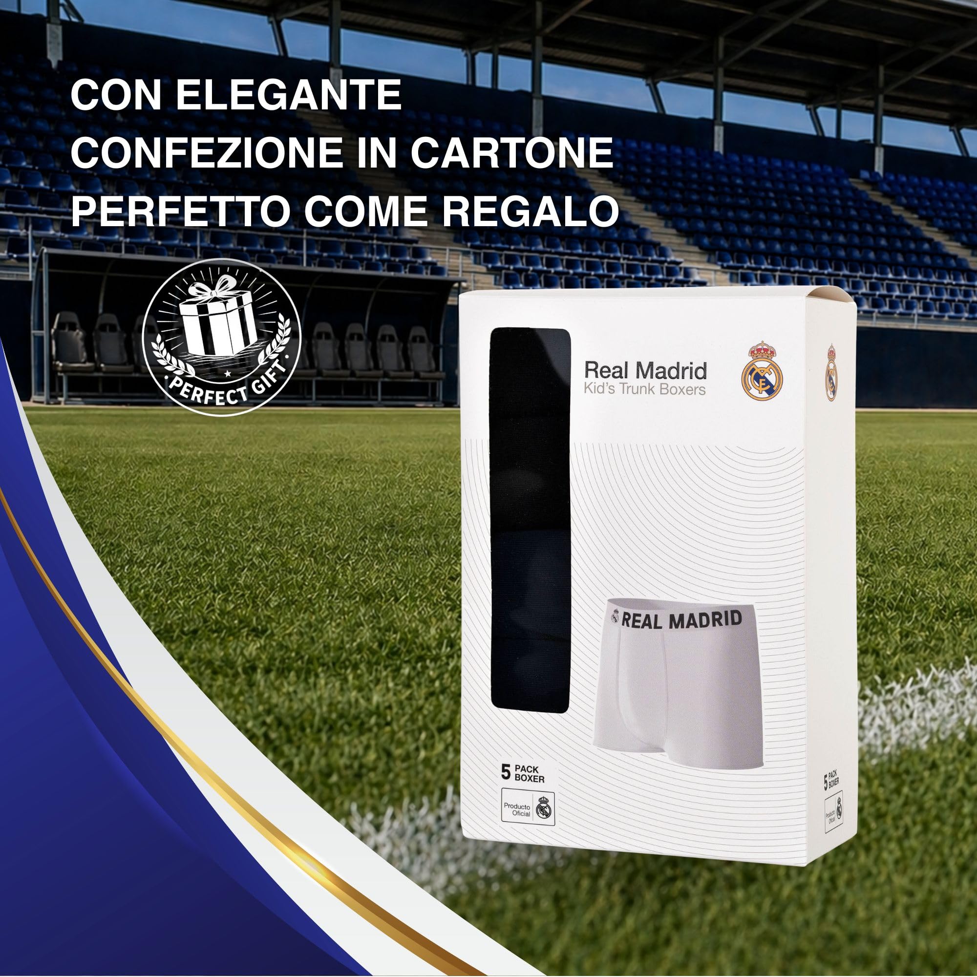 Real Madrid Boxer Ragazzi, Confezione da 5 – Prodotto con Licenza Ufficiale | Set di Boxer 95% Cotone | Regalo per i Tifosi più Piccoli con Elastico con Logo