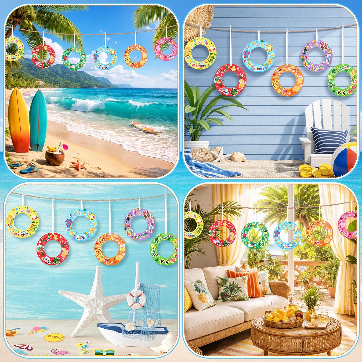 Engrowtic 72 Pcs Summer Beach Crafts Kits DIY Summer Wreath Hanging Ornaments Make Your Own Paper Beach Crafts with Flamingo Palm Watermelon Surfboard Stickers for Home Activities Party Decor