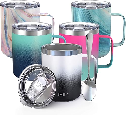 THILY Taza de viaje aislada de acero inoxidable de 12 onzas, taza de café aislada al vacío con asa, tapa a prueba de derrames, mantiene el café frío