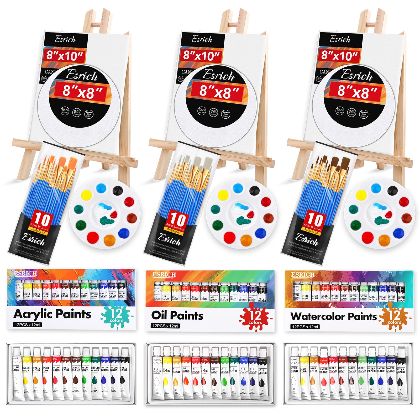 ESRICH 78Pack Acrylic Paint Set, Painting Kits for Adults, Paints Kit With3 Pack of 12 Colors Paint 3 Sets of Wooden Easels, Canvas, Brushes, Palette, Art Paint Supplies Kit for Adults Beginner