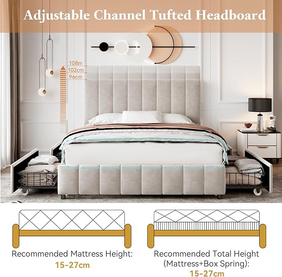 4ft6 Double Bed Frame Upholstered Platform Bed with 4 Storage Drawers&Adjustable Channel Tufted Headboard, Velvet Fabric, Sturdy Metal-Wood Support, No Box Spring Needed,Easy Assembly,Beige Double Bed