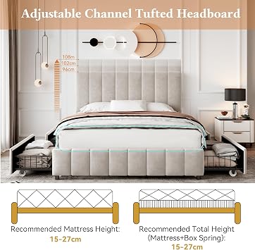 4ft6 Double Bed Frame Upholstered Platform Bed with 4 Storage Drawers&Adjustable Channel Tufted Headboard, Velvet Fabric, Sturdy Metal-Wood Support, No Box Spring Needed,Easy Assembly,Beige Double Bed