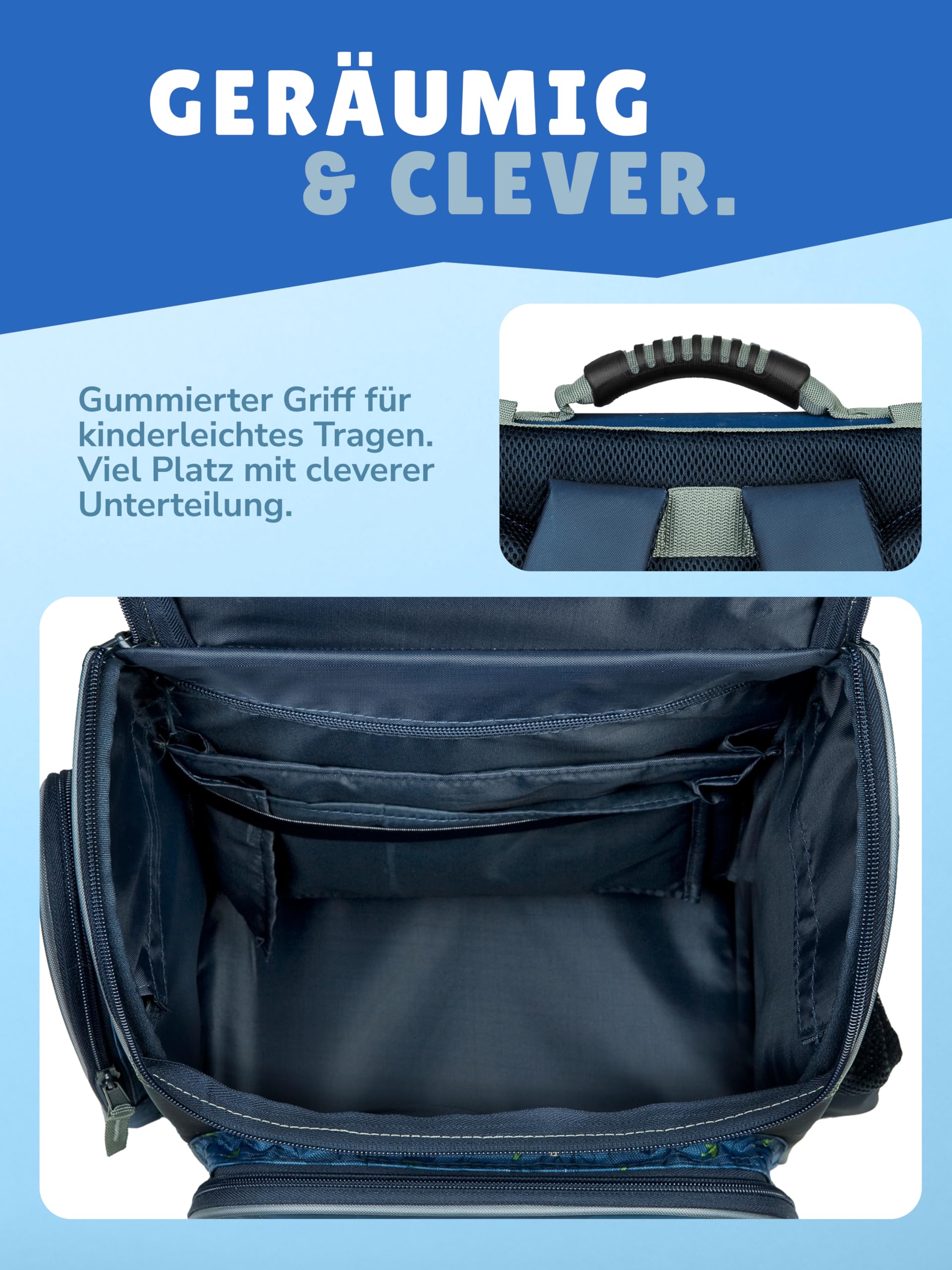 Familando - Schulranzen Set CLOU - 10-teilig mit Schultüte - Dinosaurier - Ergonomisch, Stabil & mit gepolstertem Rücken - 930g leicht - 15L Volumen - Mit Reflektoren - Für Grundschule ab 1. Klasse