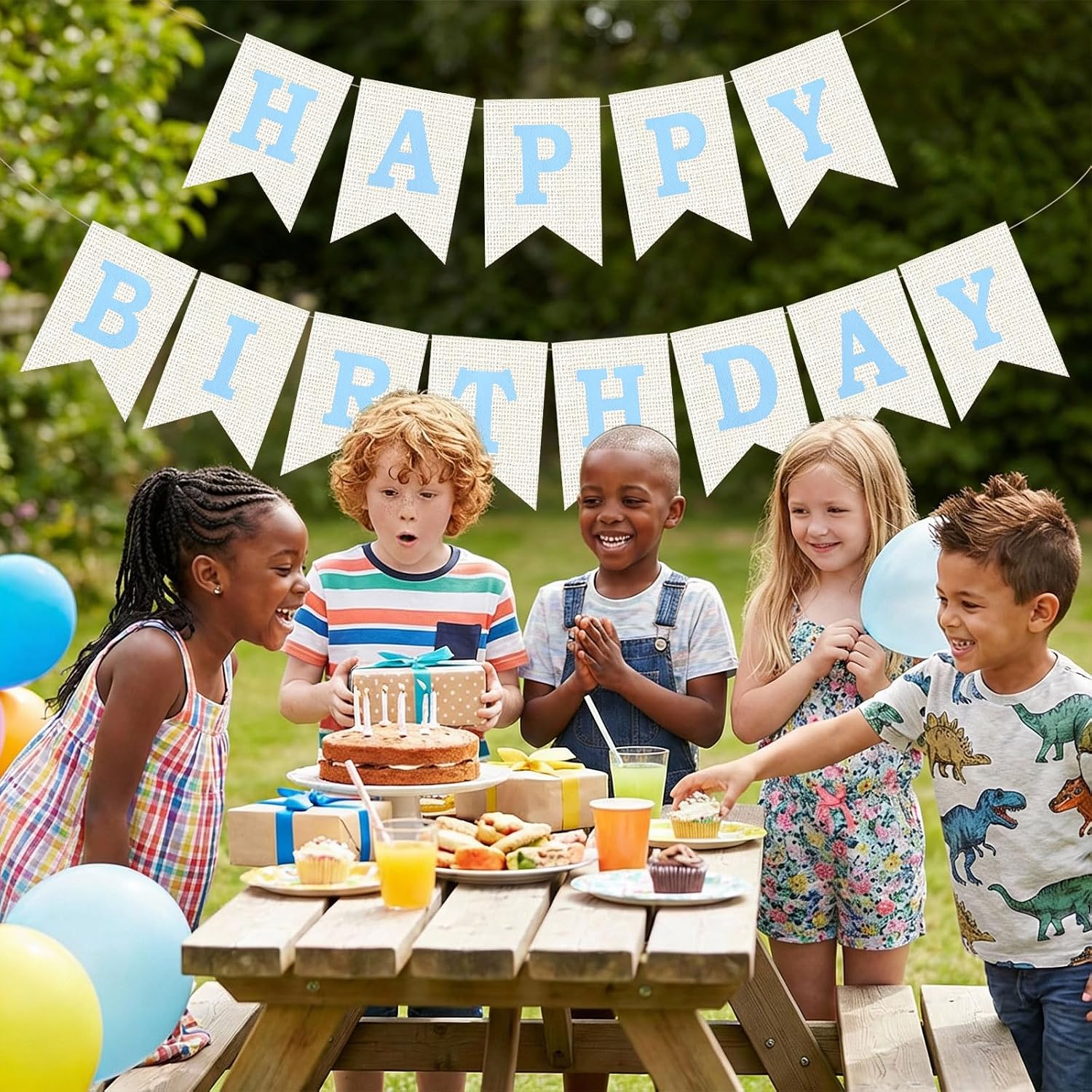 Burlap Happy Birthday Banner, Blue Assembled Happy Birthday Banner Sign Garland for Boys Girls Rustic Party Decorations