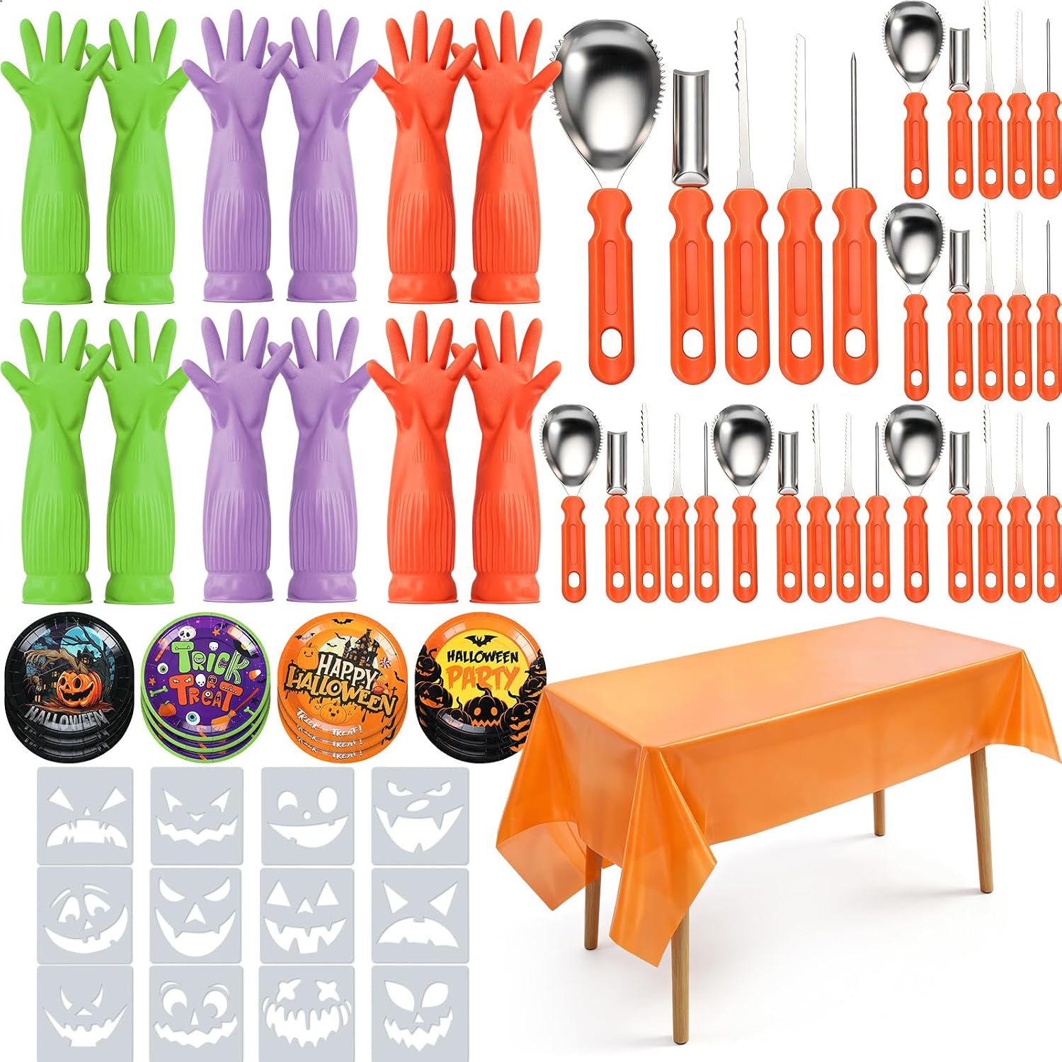 Hosuly 61 Pcs Halloween Carving Kit-set of 6 Stainless Steel Carving Tools Include 30 Knives, 6 Glove, 12 Plate, 1 Tablecloth, 12 Cutout Template Gifts for Halloween Party Decor (Mixed Colors)