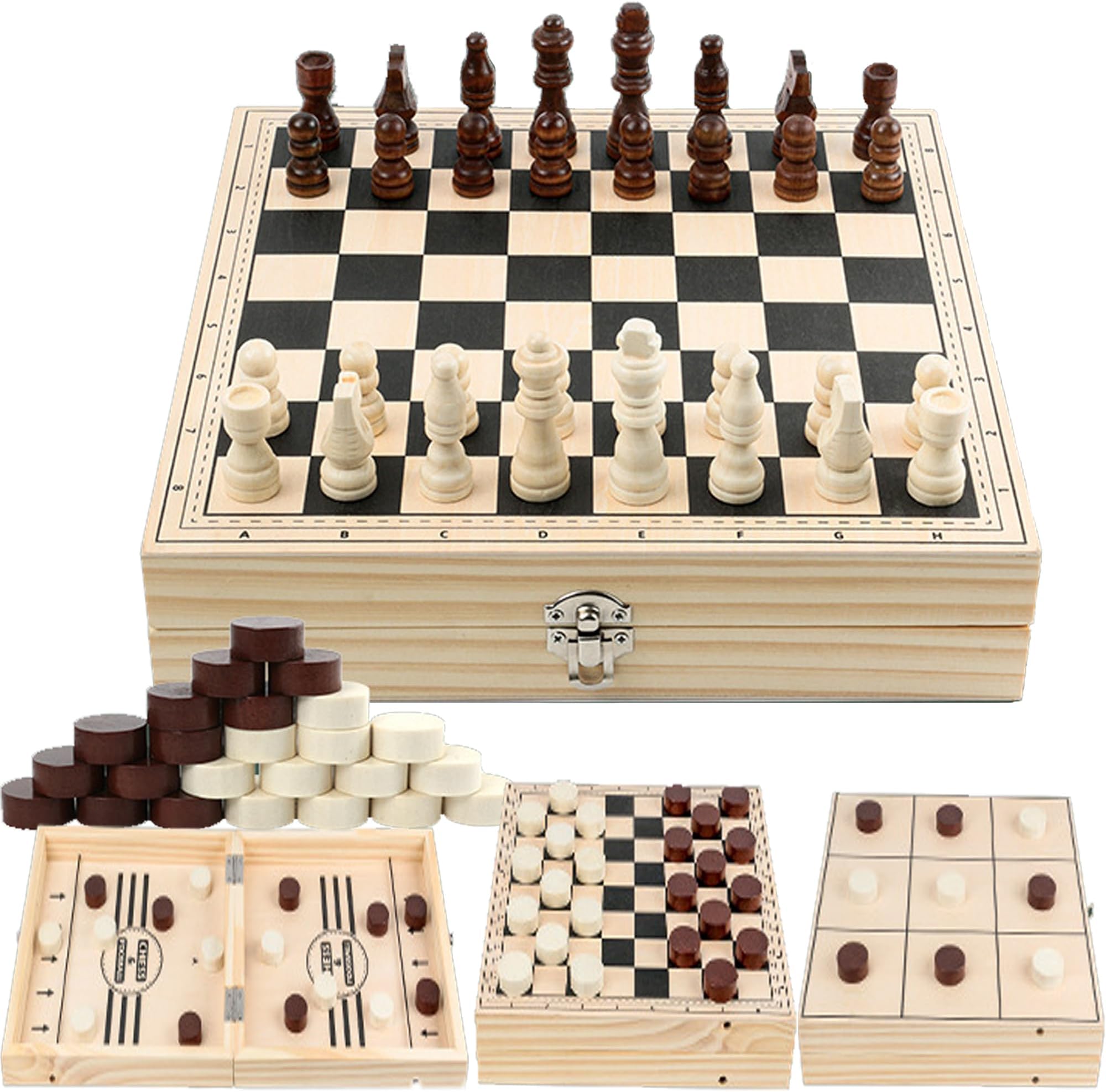 YUEMING Wooden Chess and Checkers 4 in 1 Set, Chess Set and Draughts Board Games, Foldable Wooden Chess Board, Travel Folding Board and Chess Piece for Kids and Adult Chess Toys Gift
