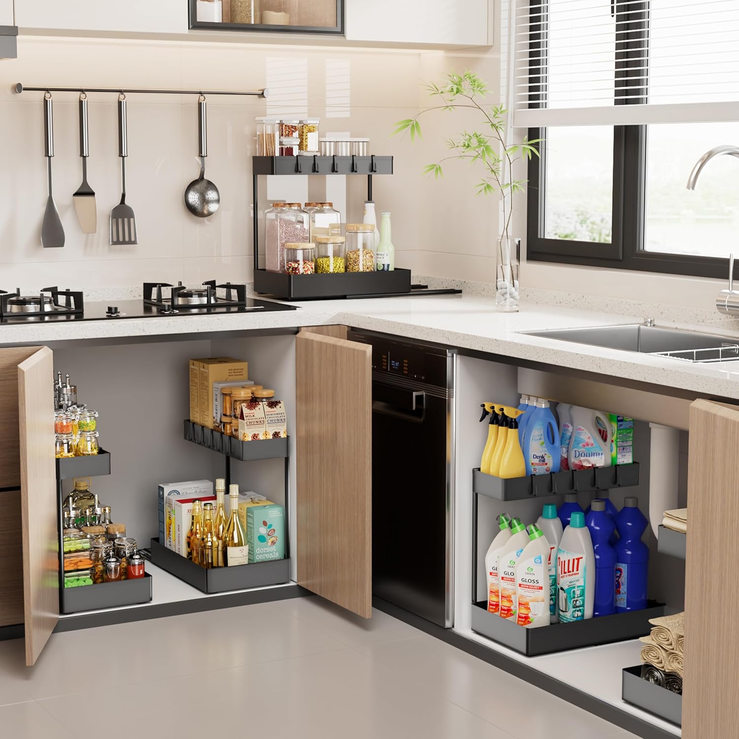 Creahaus 2 Pack Under Sink Organizer with Metal Slides, 2-Tier Kitchen Bathroom Organizers and Storage, Pull Out Cabinet Organizer for Bathroom Sink, Kitchen Sink Organizer - Image 6