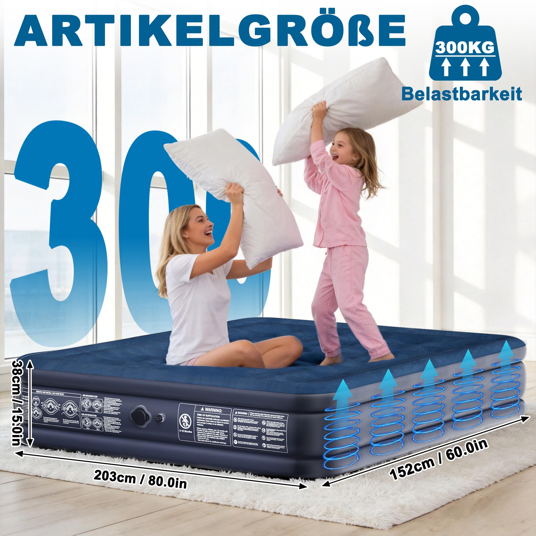 YRHome Aufblasbare Luftmatratze mit Pumpe | 2 Personen 203×152cm | Bis zu 300kg Tragkraft | Schnell Aufgeblasen in 3 Min | Klappbar mit Tragetasche | Campingmatratze & Gästebett | Dunkelblau