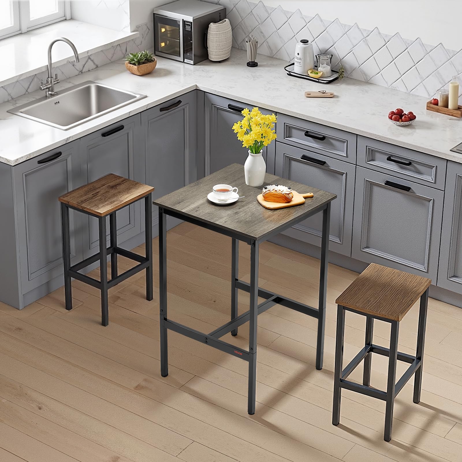 VEVOR Mesa Alta de Bar con Estructura de Metal Resistente Mesa de Comedor para Cocinas Pequeñas Cafeterías Hogares Mostrador de Cócteles Fácil de Montar 61x61x91 cm para Fiestas en Sala de Estar