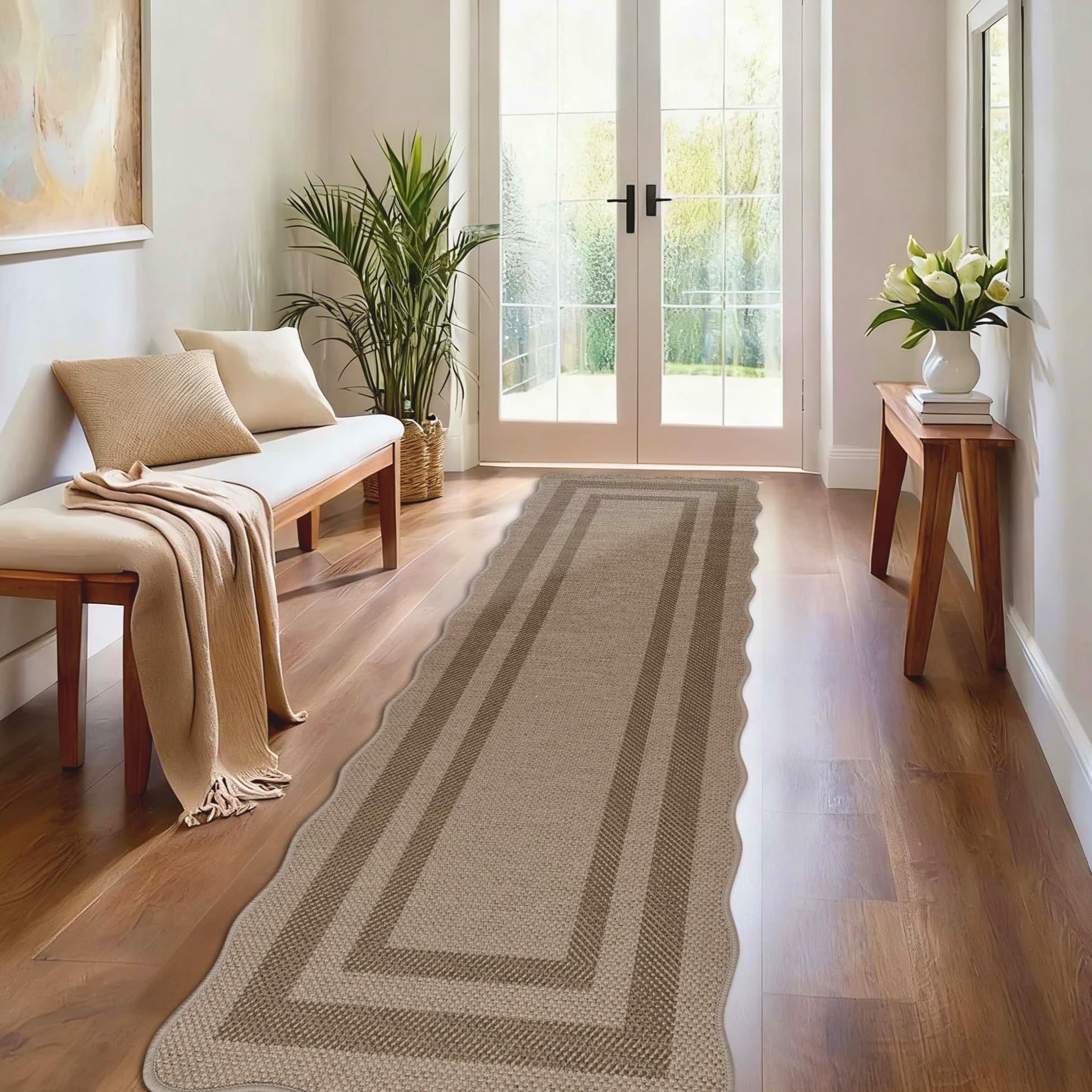 Homcomodar Runner Rug for Hallway 65x240cm Non Slip Carpet Runners Washable Jute Look Kitchen Runner Rug for Hallways Kitchen Bedroom Entryway Laundry Room(Brown-Border) — image 1