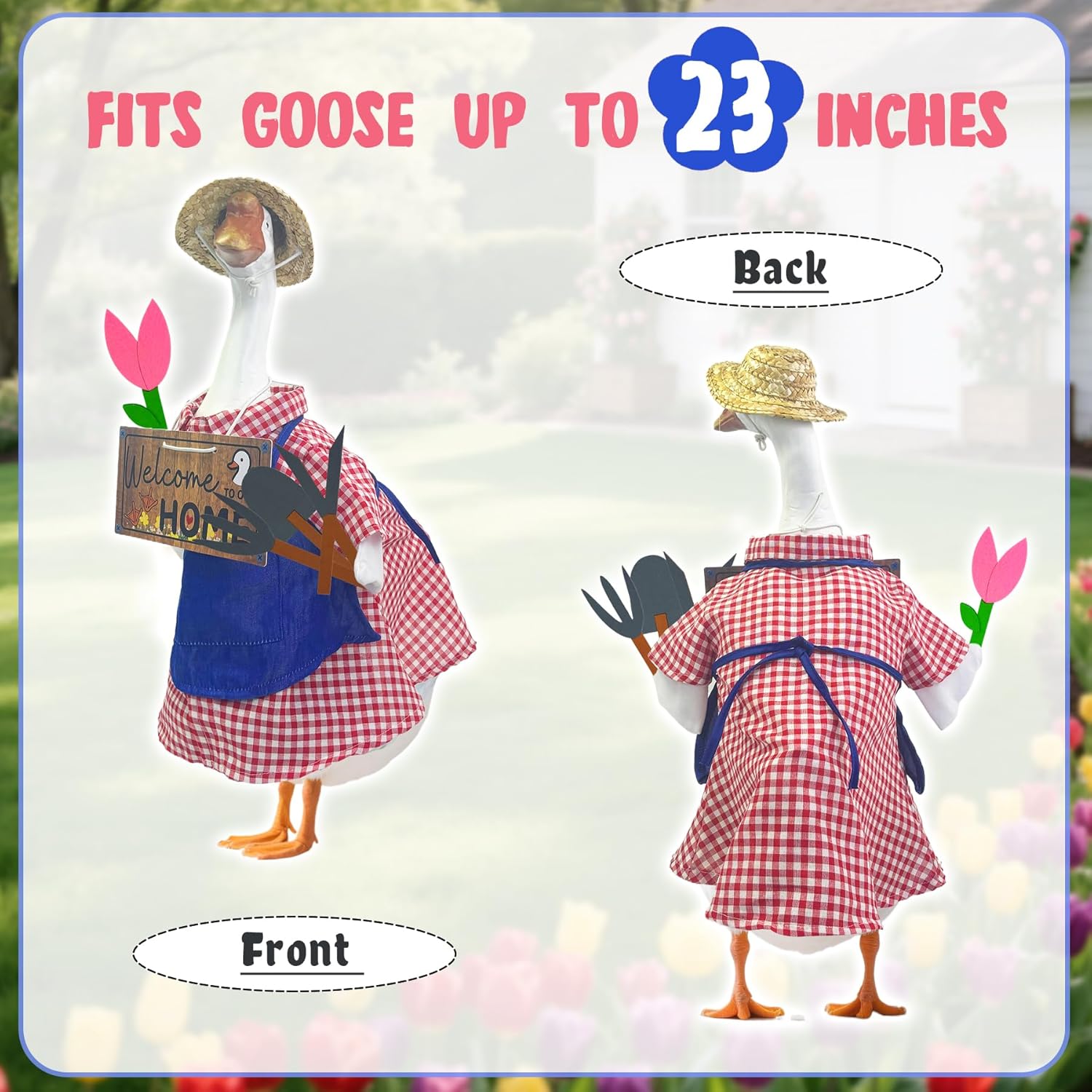 Spring Porch Goose Outfits Gardener for 23 inch, Geese Statue Clothes Costume, Garden Outdoor Yard Lawn Patio Decor