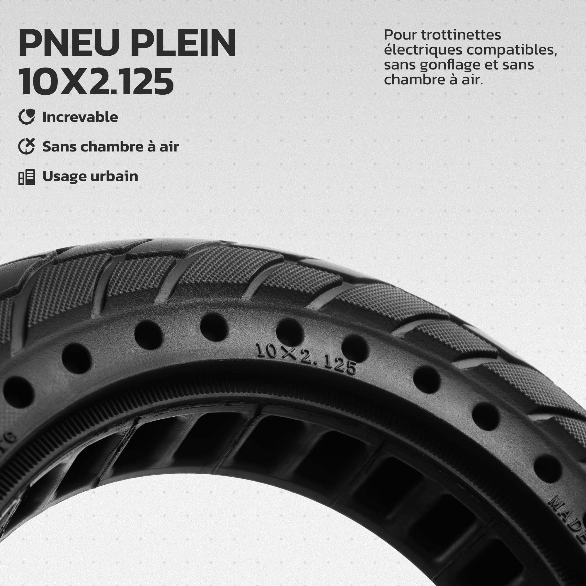 MOOVMOOV Pneu Plein 10x2.125 - Pour Trottinette Électrique Pure Air, SoFlow S06, Vivobike S2 & S3 Max, etc. - Pneu Anti-Crevaison 10x2.125 pouces