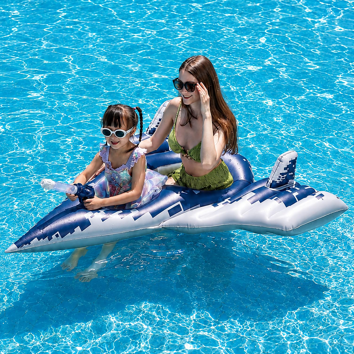 Galleggiante gonfiabile per piscina con pistola ad acqua, mimetica digitale blu, opzioni per pilota singolo e doppio per bambini e famiglia