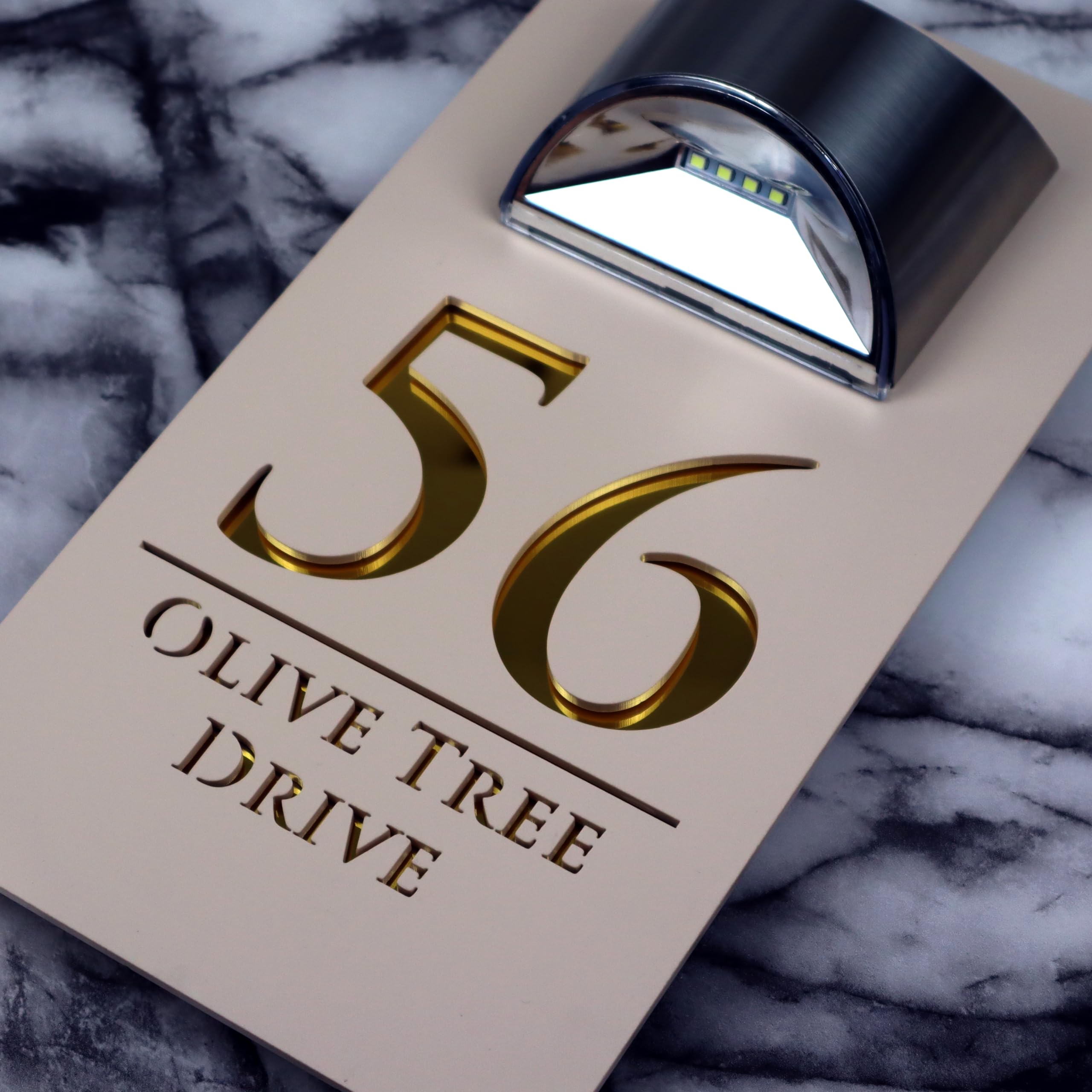 K Smart Sign | Bellissima LED F32 | Contemporary House Signs Plaques Door Numbers 1-9999 Street Name SOLAR LIGHT LED For Wall Personalised Laser Cut Mirror! (Matt Khaki Cream & Gold Mirror) โ image 1