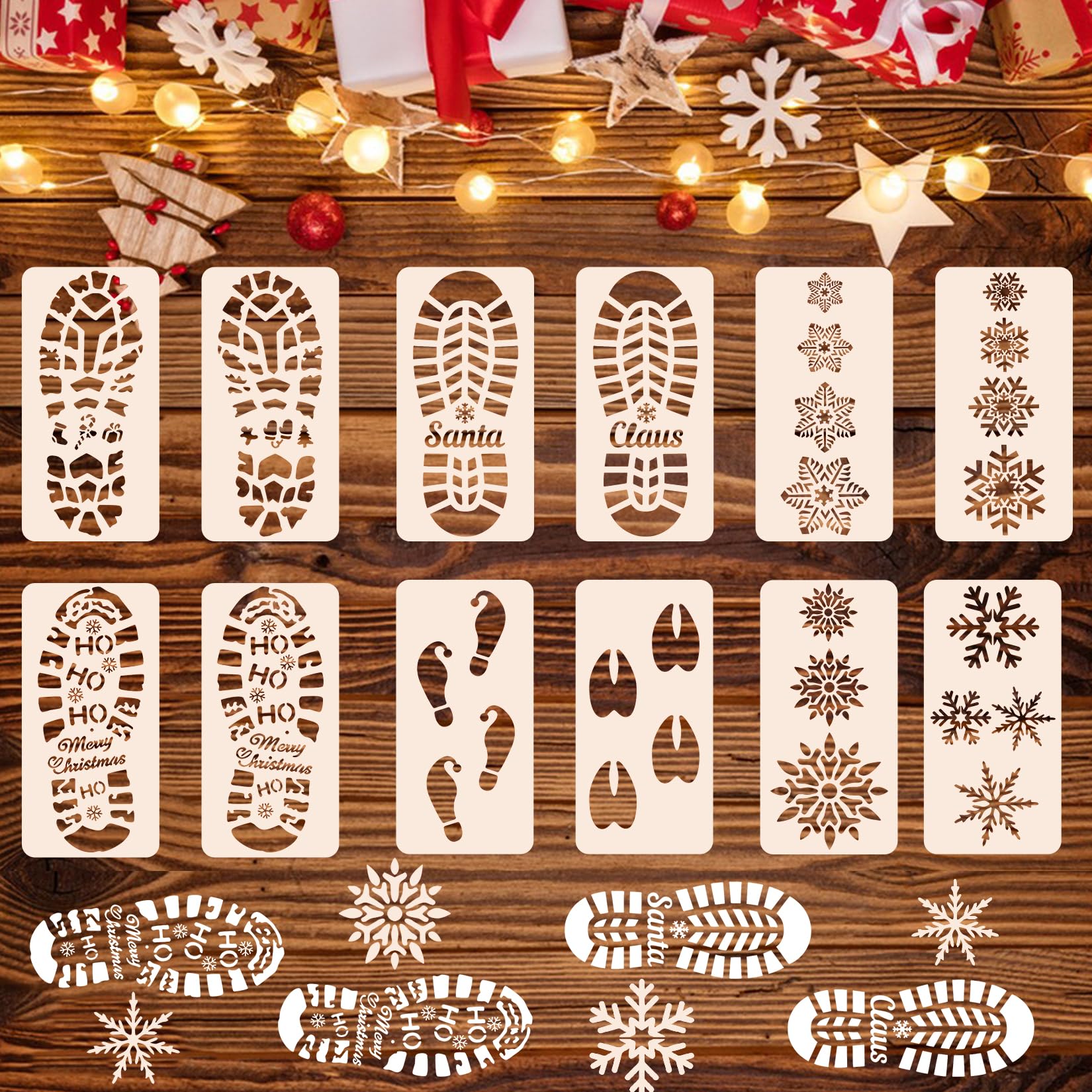 12Pcs Christmas Footprint Stencils Snowflake Stencil, Christmas Decorations Indoor, Santa Footprint Snowflake Stencils Floor Templates Holiday Decorations (11.8"x 5.9")