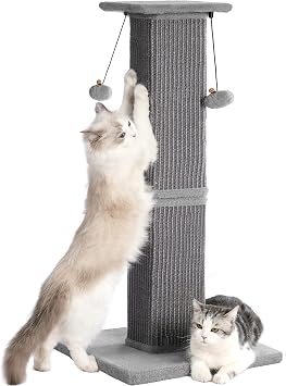 Large Cat Scratching Post with Heavy Duty Base 33" Sturdy Tall Sisal Scracher Post and 2 Interactive Hanging Balls for Big Cats-Grey