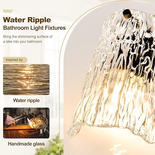 Miniatura 3 de Lámparas de baño, 3 luces de tocador con pantalla de vidrio ondulado de agua, modernas luces de baño negras, lámpara de pared para espejo (19.5
