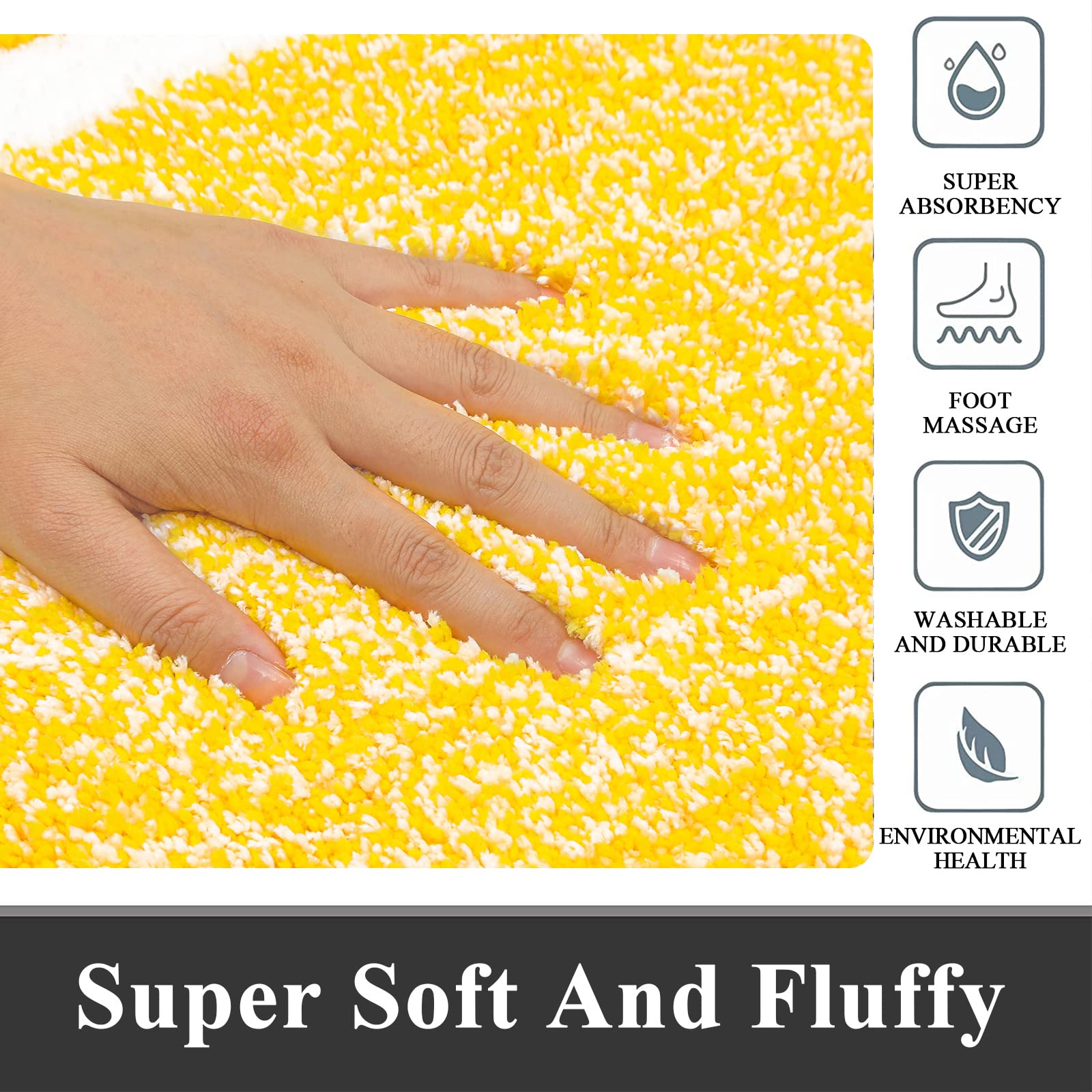 Pauwer Set di 3 tappeti da bagno per doccia con profilo a U Tappetino per WC assorbente in microfibra morbido tappetino da bagno antiscivolo lavabile in lavatrice Shaggy tappetino da bagno, giallo