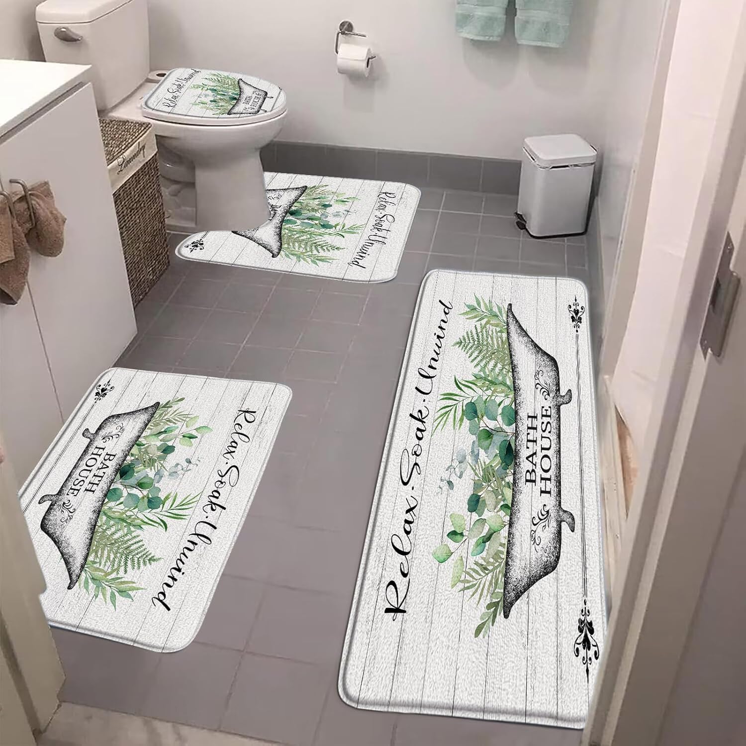 4 Pieces Bathroom Rug Sets,Sage Green Leaves Leaf Rustic Wooden Vintage 16"x24"and 20"x31"Bath Mats,Toilet Cover,U-Shaped Toilet Mat