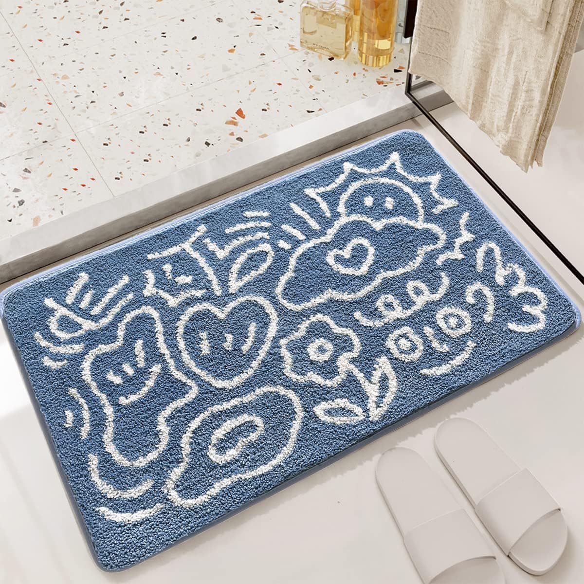 Soft Bathroom Rugs, Washable Bath Rugs Non Slip Bath Mats for Shower Shaggy Microfiber Floor Mat Super Absorbent Carpet Striped Pattern Bath Runner Rug, 19.6 x 31.4 Inches, Blue