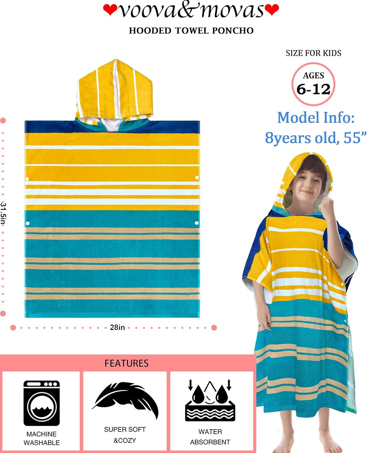 VOOVA & MOVAS Hooded Poncho Towels for Big Kids, Oversized (6-12Years,26"X64") Made from 100% Soft Cotton,Absorbent Bathrobe for Boys,Perfect for Pool| Swimming | Bathing | Beach, Blue Stripe - Image 2
