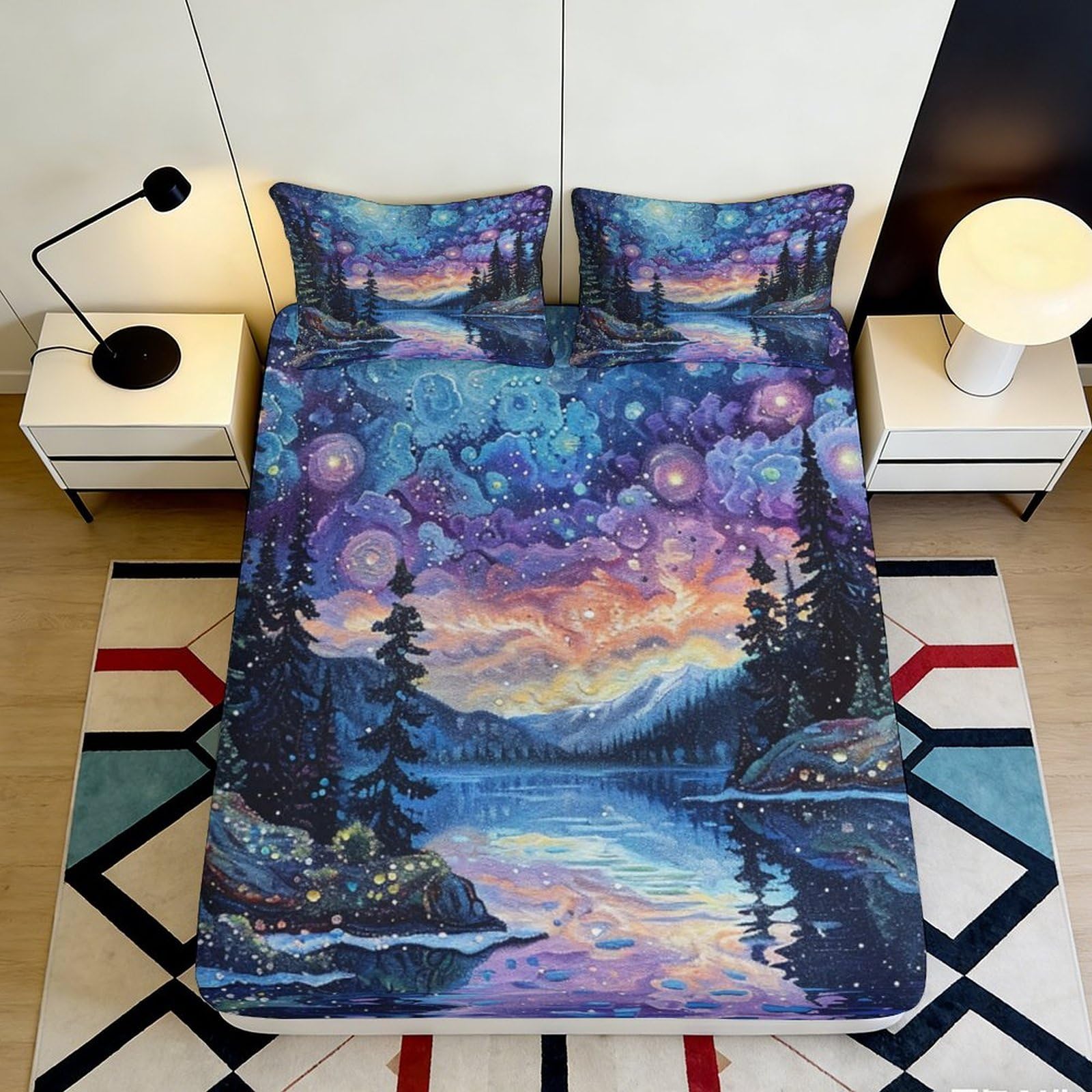 3D Printed Aurora Forest Fitted Sheet Microfiber Soft Blue Purple Sunset River Bed Cover for Bedroom Dorm Decor 90x200x25cm
